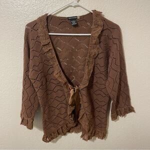 Sweaterworks Vintage Y2K Boho Cotton Sparkly Brown Knit Sweater Tie Cardigan Lg